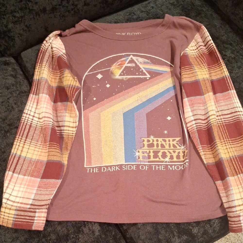 Upcycled Pink Floyd T-Shirt With Flannel Sleeves